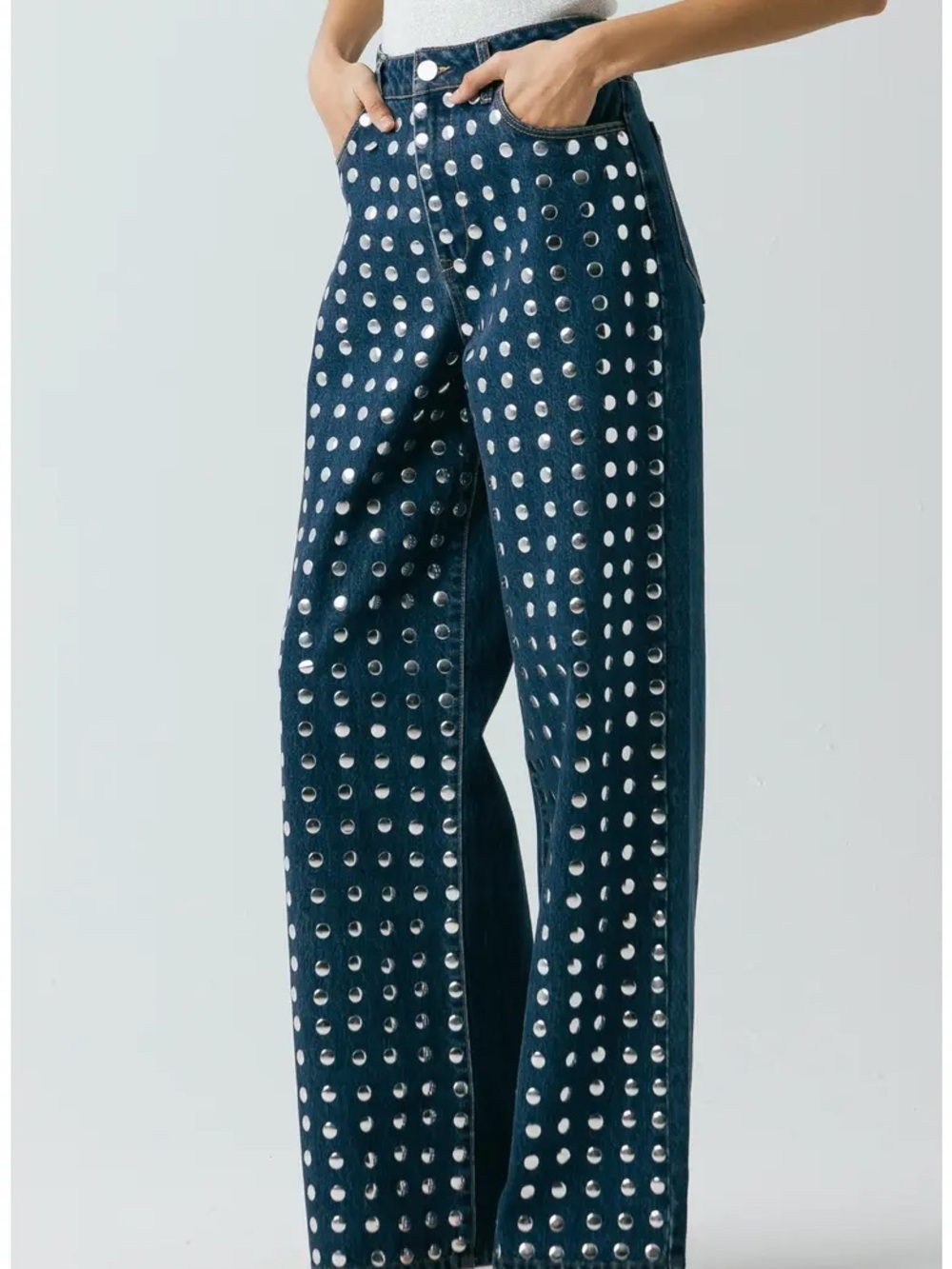 Blank NYC Dark Blue Straight Leg Jeans with Silver Studs